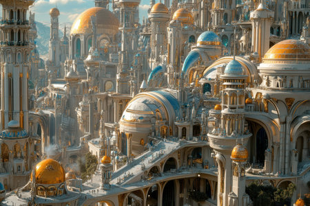 A breathtaking view of a futuristic city filled with golden domes and intricate architecture under a serene sky.の素材