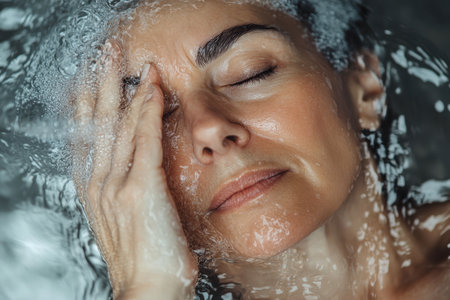 A woman relaxes in calm water, showing her serene expression and a moment of peaceful escape.の素材