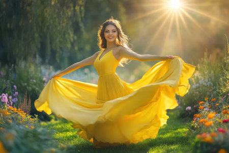 A woman dances joyfully in a flowing yellow dress, basking in the warm sunlight in a blooming garden.の素材