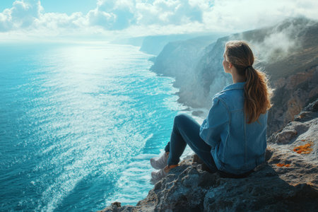 A woman sitting on a cliffside gazes at the ocean, mesmerized by the expansive view and bright sunlight.の素材