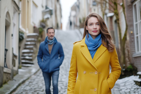 In a charming cobblestone street, a woman in a yellow coat shines while a man walks closely behind her in winter attire.の素材