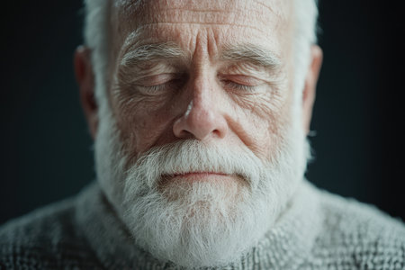A man with a white beard sits peacefully with closed eyes, embodying serenity in a warm indoor atmosphere.の素材