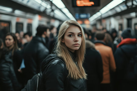Inside a bustling subway train, a young woman turns her head to look back, surrounded by commuters during rush hour.の素材