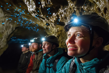 Adventurers marvel at bioluminescent wonders inside a dark cave, illuminated by their headlamps.の素材