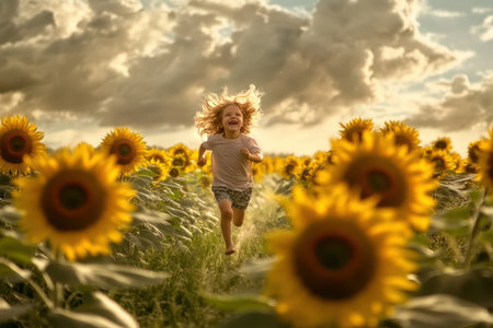 A young child with curly hair enjoys a carefree moment while running among tall sunflowers under a bright sky.の素材