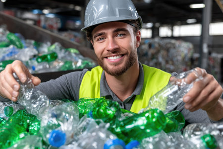 A recycling worker is cheerfully sorting plastic bottles, showing sustainable practices in waste management.の素材
