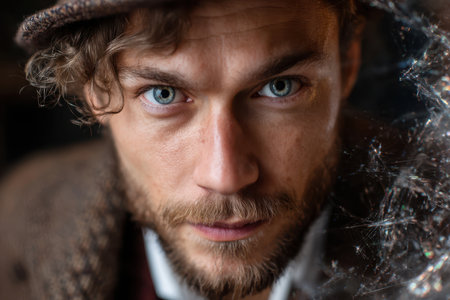 A young man gazes intensely, showing his blue eyes and curly hair while dressed in vintage clothing.の素材