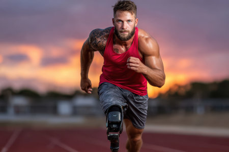 A determined athlete runs swiftly on a track, showing strength and resilience against a colorful sunset.の素材
