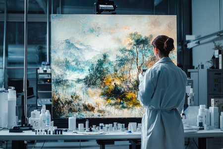 An artist in a white lab coat examines a vibrant abstract landscape on a large canvas in a studio.の素材