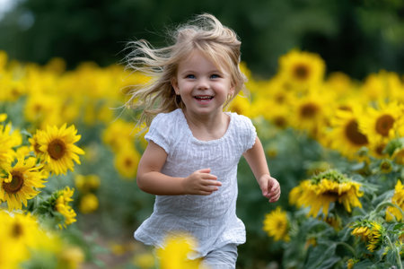 A cheerful child with flowing hair plays and runs among bright sunflowers in a radiant field.の素材