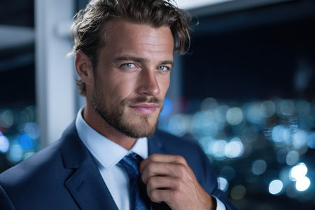 A well-dressed man in a suit stands with a city lit up behind him, showing confidence and charm.の素材