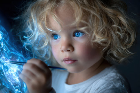 A child with curly hair and bright blue eyes paints colorful light trails in a cozy indoor space.の素材