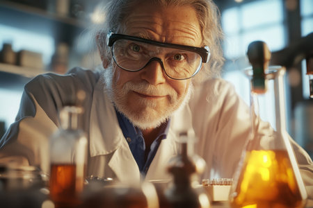 A dedicated scientist with glasses studies chemical solutions in a laboratory filled with glassware.の素材