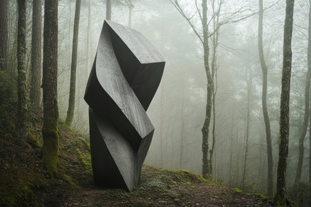 A striking abstract sculpture rises in a misty forest with tall trees, creating a captivating contrast in nature.の素材
