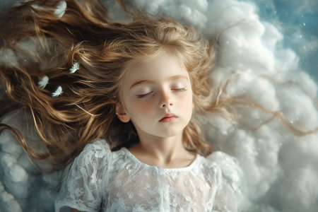 A young girl peacefully sleeps with her hair flowing amidst fluffy clouds, evoking a dreamy atmosphere.の素材