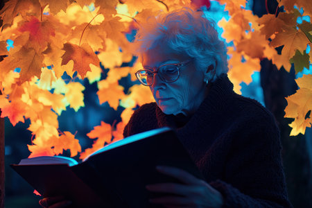 An elderly woman is absorbed in reading a book, illuminated by vibrant autumn leaves at dusk.の素材