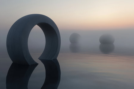 Fog blankets the tranquil lake, showcasing stirring sculptures that reflect beautifully in the water.の素材