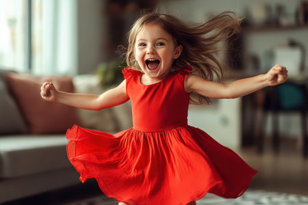 A joyful girl spins around in her red dress, laughing and enjoying her playtime in a warm living room.の素材