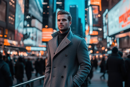 A well-dressed man stands with poise in Times Square as vibrant lights illuminate the night.の素材
