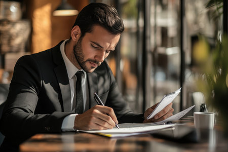 A man in a suit is focused on writing in a notebook while sitting at a cafe table, enjoying a quiet afternoon.の素材