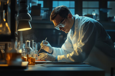 A focused scientist in a lab coat uses a pipette to transfer liquid between beakers in a dimly lit lab.の素材