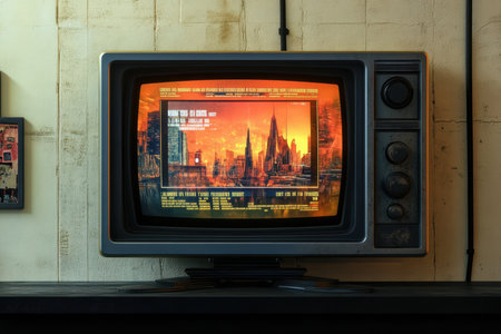 A retro television shows a bright, futuristic city skyline with tall buildings and sunset hues.の素材