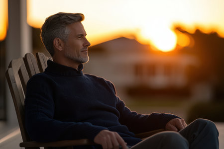 A man sits peacefully in a rocking chair, observing the colorful sunset, lost in thought during a serene evening.の素材