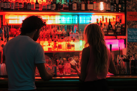 Two friends are at a lively bar, engaging in conversation while enjoying their colorful drinks.の素材