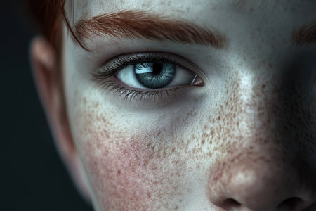 A close-up view of a child's face emphasizes the unique freckles and vibrant blue eye color, showingcasing beauty.の素材