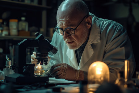 A dedicated scientist carefully analyzes a sample using a microscope in a softly illuminated lab during night.の素材