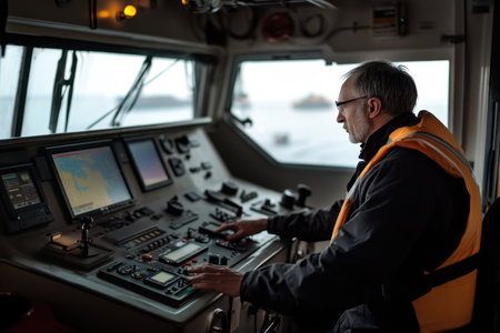A boat captain operates the controls on a vessel, navigating near the coast on a cloudy afternoon.の素材