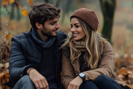 A couple sits closely together, smiling and enjoying each other's company in a beautiful autumn landscape.の素材