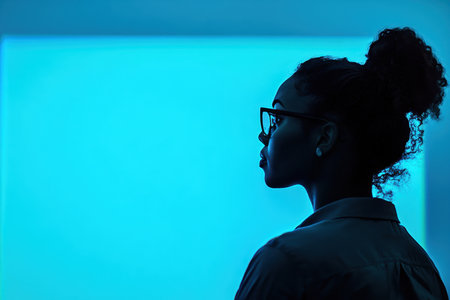 A thoughtful woman in glasses gazes at a blue backdrop, immersed in contemplation in a modern setting.の素材