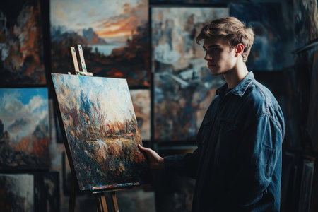 A young artist stands thoughtfully next to an easel, blending colors as he paints in an inspiring studio.の素材