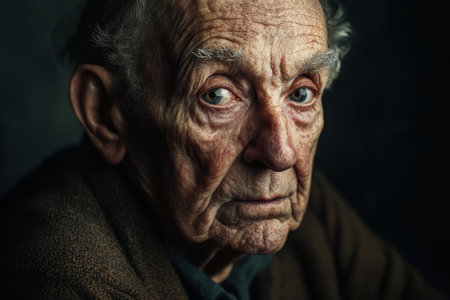 A thoughtful elderly man gazes into the distance, showing signs of wisdom and experience in low light.の素材