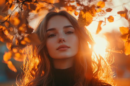 A young woman gazes softly at the camera, surrounded by vibrant autumn foliage during sunset.の素材