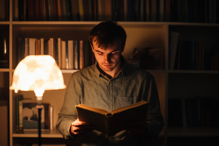 A young man is deeply focused on reading a book illuminated by a warm lamp in a dimly lit library.の素材