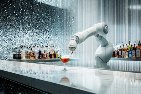 A sophisticated robotic arm skillfully mixes and pours a cocktail at a contemporary bar filled with bottles.の素材