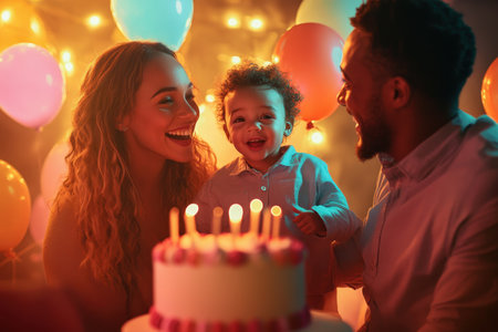 A young family enjoys a birthday celebration with a cake, colorful balloons, and warm lights in the background.の素材