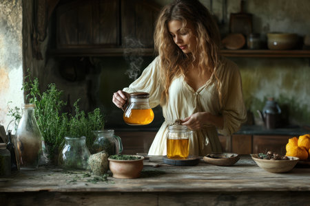 A woman prepares herbal tea using fresh herbs and natural ingredients in a cozy, rustic kitchen.の素材