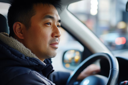 A man is focused on driving his car through a bustling city street on a bright day.の素材