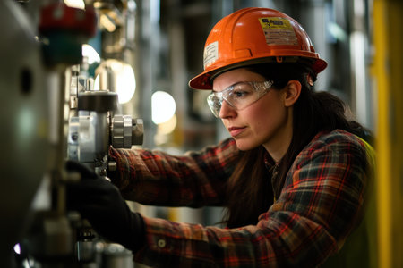 A woman wearing safety gear inspects machinery in a factory, focused on her task under bright lights.の素材