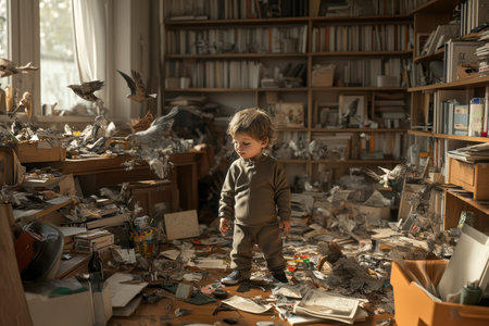 A young child stands amidst scattered books and fluttering birds in a cluttered room filled with sunlight.の素材