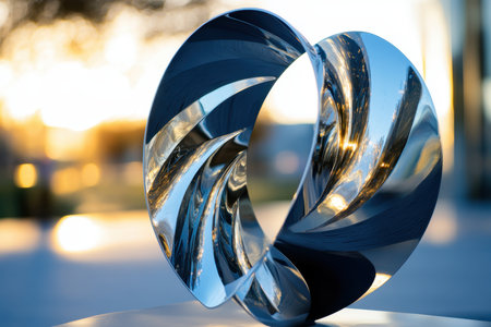 Intricate metal sculpture gleams as sunlight reflects off its surface at an open-air art event in the evening.の素材