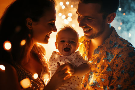 Joyful parents hold their smiling baby amidst sparkling lights during a nighttime gathering.の素材