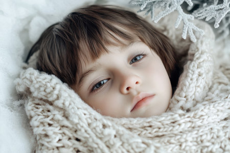 A young child lies peacefully on the snow, wrapped in a thick sweater, enjoying the calm of winter's embrace.の素材
