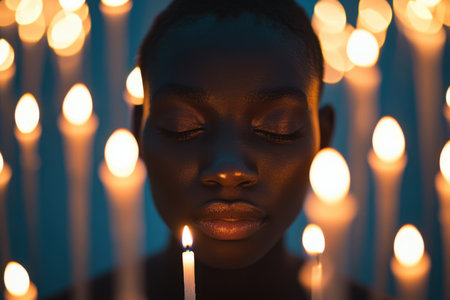 A person stands peacefully with eyes closed, holding a candle among glowing lights creating a tranquil atmosphere.の素材