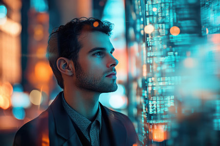 A young man studies a bright digital display in a bustling cityscape at night surrounded by vibrant lights.の素材