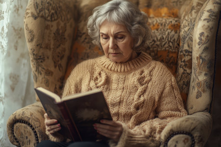 A senior woman in a warm sweater is deeply focused on reading a book, creating a peaceful atmosphere at home.の素材
