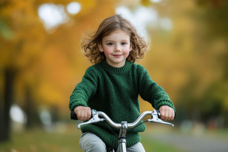 A child with curly hair enjoys riding a bike on a beautiful autumn day surrounded by colorful leaves.の素材